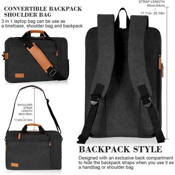 Men's Laptop Messenger Bag, 17-17.3 Inch Water Resistant Canvas (Dark Grey) - Picture 5 of 6